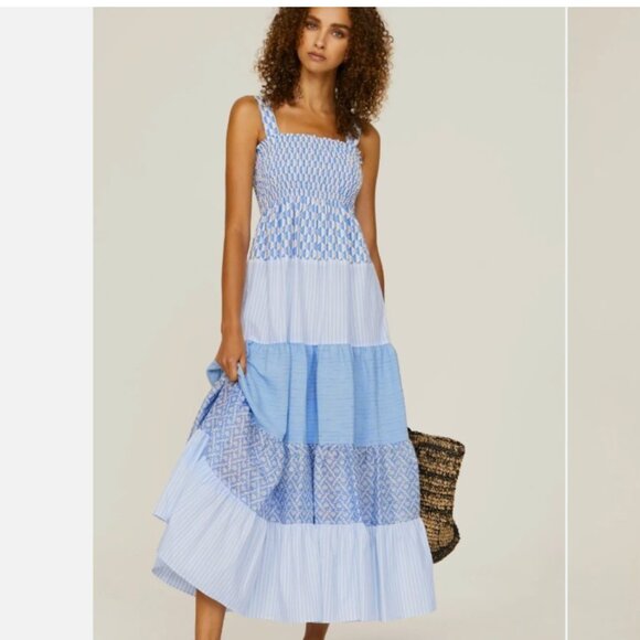 Sandro Tropea Dress Midi Sleeveless Blue Floral Boho Size 4 *READ FLAW* - Picture 1 of 11